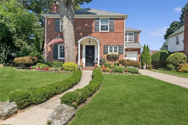 view of front facade featuring a front yard, brick siding, driveway, and a chimney