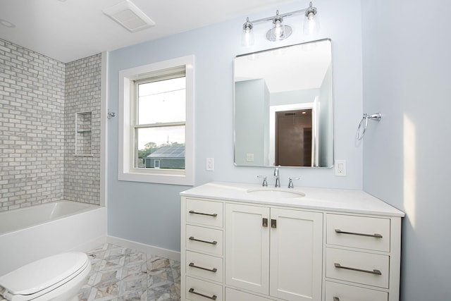 full bath featuring baseboards, visible vents, bathing tub / shower combination, toilet, and vanity