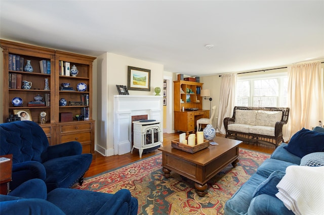 living room featuring dark wood-type flooring