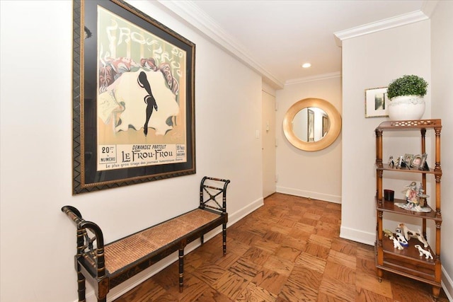 hall featuring recessed lighting, crown molding, and baseboards