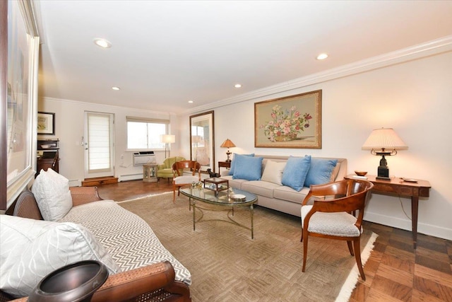 living area featuring recessed lighting, baseboards, and crown molding