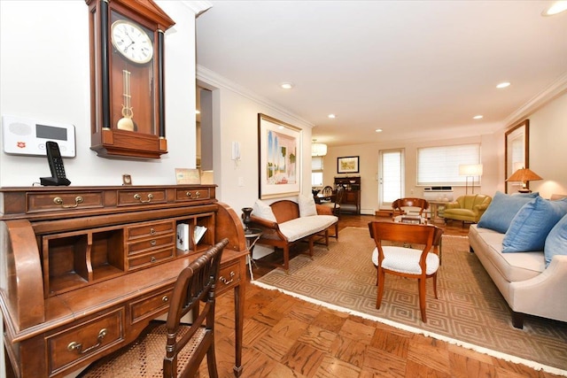 living room featuring recessed lighting and ornamental molding