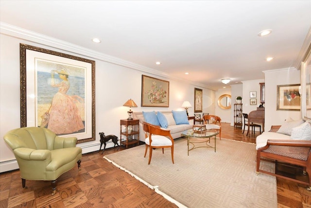 living area with a baseboard heating unit, crown molding, and recessed lighting