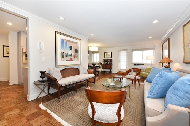 living room with recessed lighting, baseboards, and crown molding