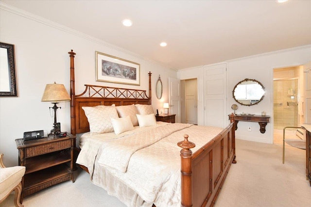 bedroom with recessed lighting, light colored carpet, ensuite bathroom, and ornamental molding