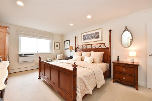 bedroom featuring light carpet, ornamental molding, a wall mounted AC, recessed lighting, and baseboard heating