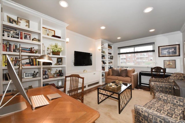 living room featuring built in features, recessed lighting, and crown molding