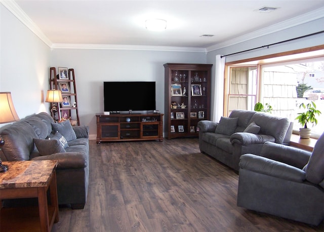 living room featuring ornamental molding, dark wood finished floors, and visible vents