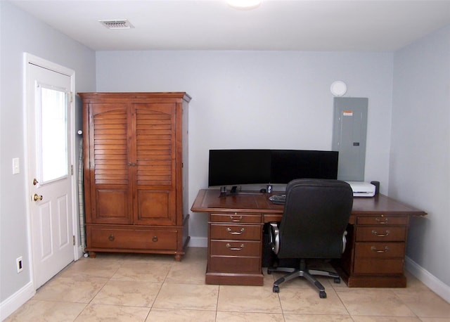 office space with electric panel, visible vents, and baseboards