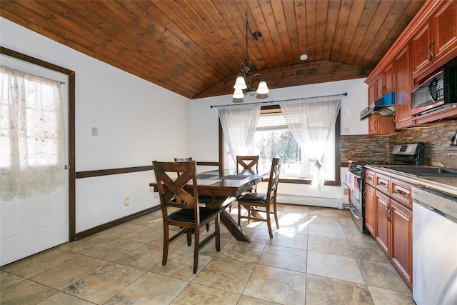 dining space with lofted ceiling, light tile patterned flooring, a chandelier, wooden ceiling, and baseboards