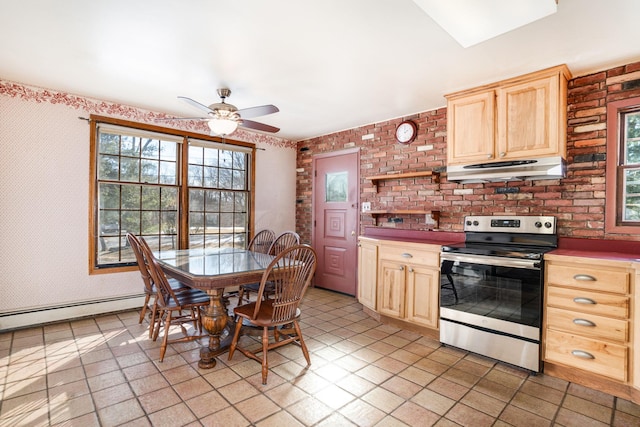 kitchen with a ceiling fan, stainless steel electric range, under cabinet range hood, light brown cabinets, and open shelves