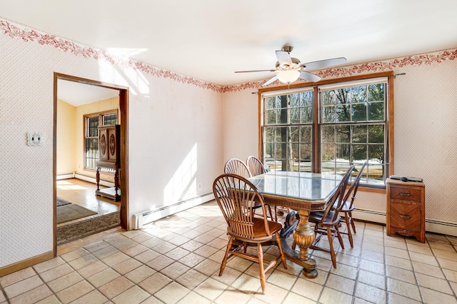 dining space featuring wallpapered walls, a baseboard radiator, baseboards, and ceiling fan