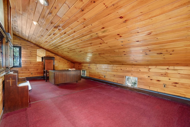 bonus room featuring vaulted ceiling, carpet floors, wood walls, and wood ceiling