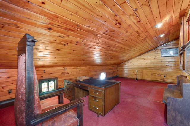 office with lofted ceiling, wood walls, wooden ceiling, and carpet flooring