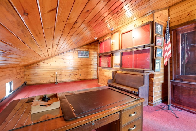 home office with wooden ceiling, wooden walls, vaulted ceiling, and carpet flooring