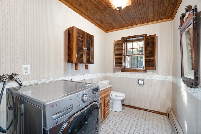 laundry room with laundry area, wood ceiling, wallpapered walls, washer / dryer, and crown molding