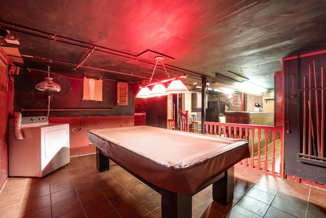 recreation room with washer / dryer, pool table, and tile patterned floors