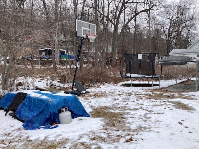 snowy yard with a trampoline