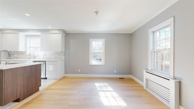 kitchen featuring light countertops, stainless steel dishwasher, white cabinets, and a healthy amount of sunlight