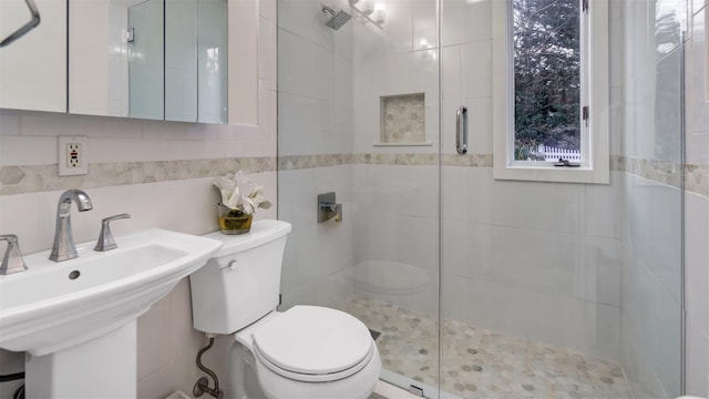 5225 Peconic Bay Blvd, Laurel, NY 11948 - bathroom with toilet, a stall shower, a sink, and tile walls