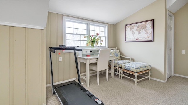 5225 Peconic Bay Blvd, Laurel, NY 11948 - workout area featuring carpet floors, vaulted ceiling, and baseboards