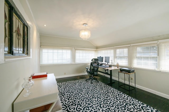 home office with a chandelier, vaulted ceiling, baseboards, and wood finished floors