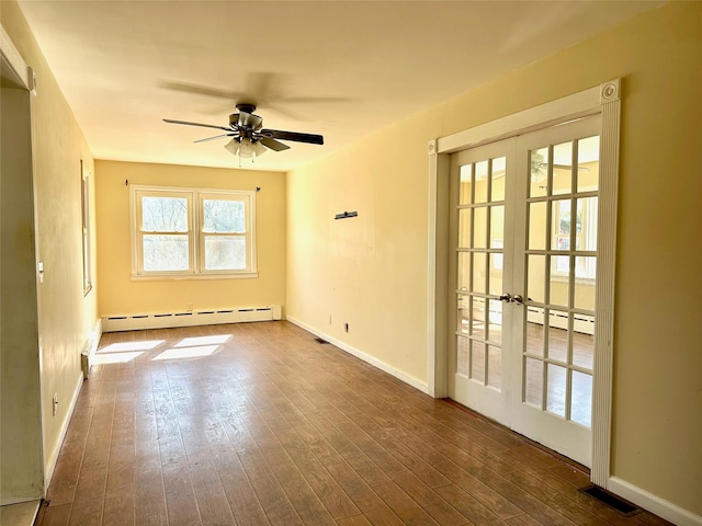 unfurnished room with wood-type flooring, baseboards, baseboard heating, and french doors