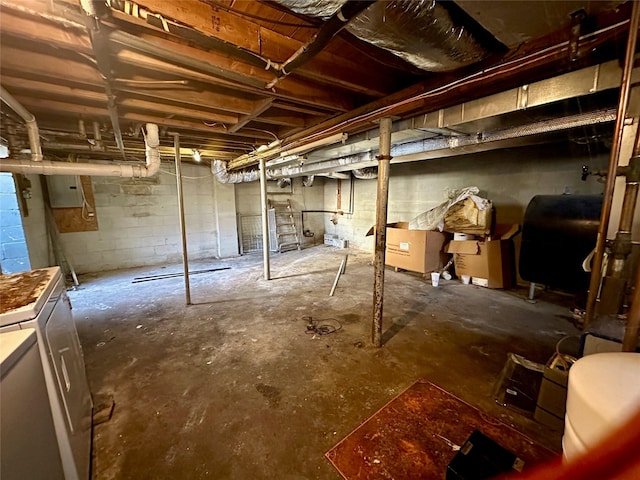 unfinished basement with washer / clothes dryer, electric panel, and heating fuel