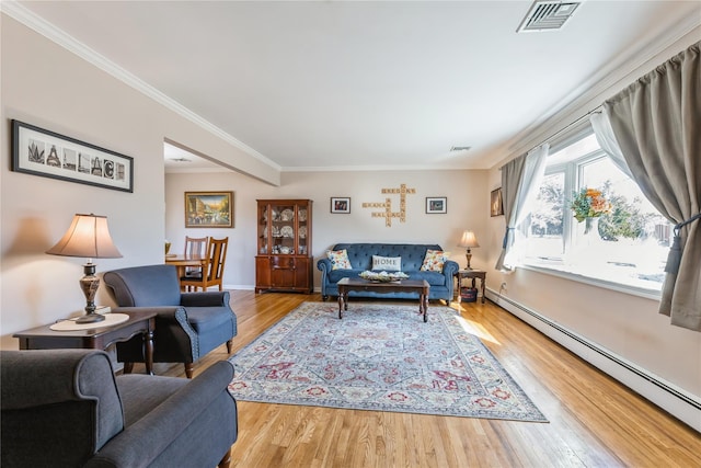 living room featuring a baseboard radiator, wood finished floors, visible vents, baseboards, and ornamental molding