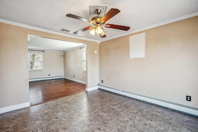 spare room featuring crown molding, a baseboard radiator, visible vents, a baseboard heating unit, and baseboards