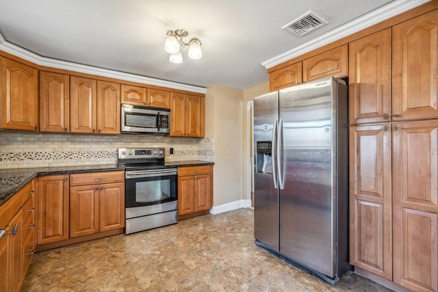 kitchen featuring visible vents, appliances with stainless steel finishes, brown cabinetry, and backsplash