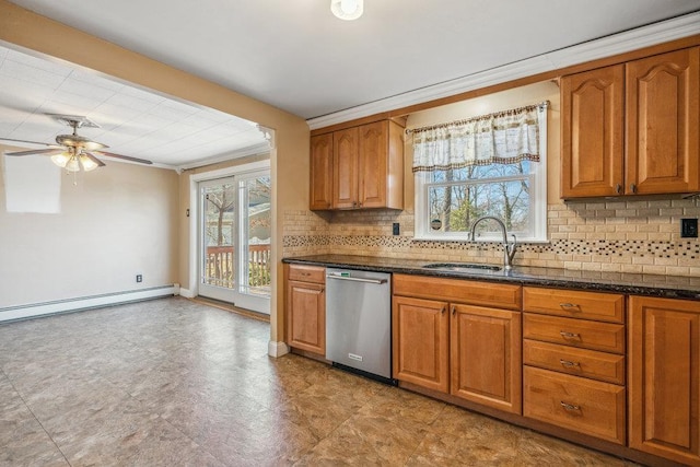 kitchen featuring dishwasher, brown cabinetry, dark stone counters, and a sink