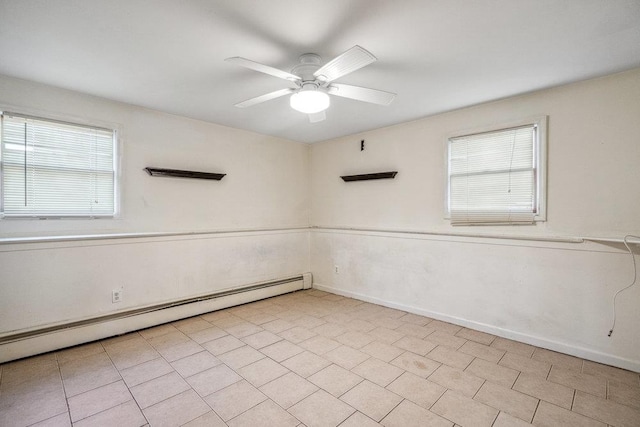 unfurnished room with baseboards, baseboard heating, and a ceiling fan