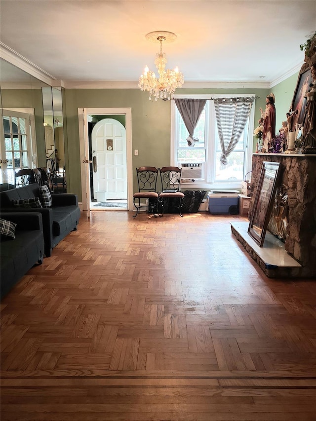 interior space with cooling unit, arched walkways, ornamental molding, and a chandelier