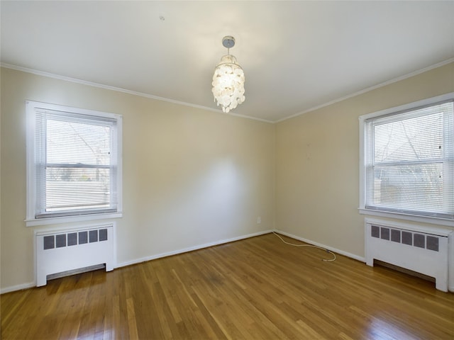 unfurnished room featuring a wealth of natural light, radiator, and wood finished floors