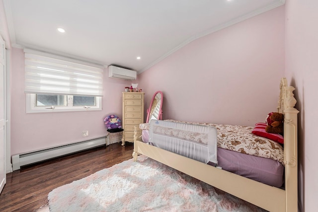 bedroom featuring a baseboard heating unit, crown molding, dark wood-style floors, and a wall mounted AC