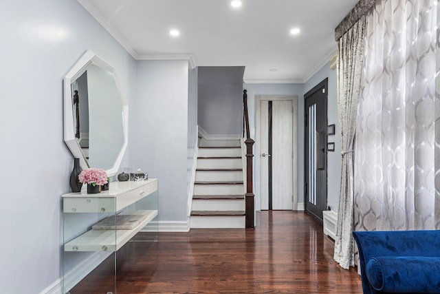 entrance foyer featuring recessed lighting, baseboards, ornamental molding, stairway, and dark wood-style floors