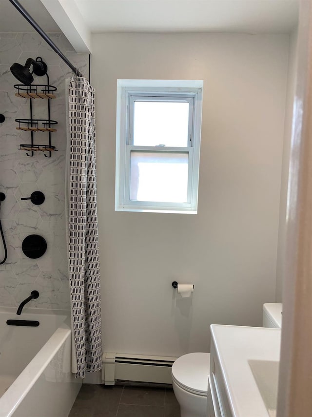 bathroom featuring shower / tub combo with curtain, toilet, a baseboard heating unit, vanity, and tile patterned flooring