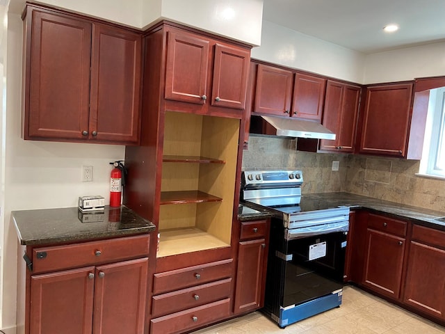 kitchen featuring stainless steel range with electric stovetop, dark countertops, under cabinet range hood, and dark brown cabinets