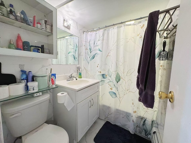 full bathroom with marble finish floor, shower / tub combo, vanity, and toilet