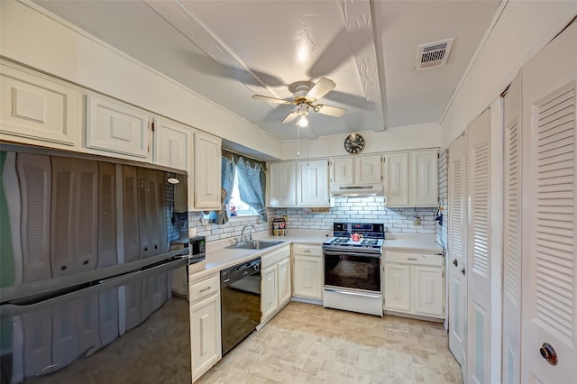 kitchen with visible vents, range, dishwasher, under cabinet range hood, and a sink