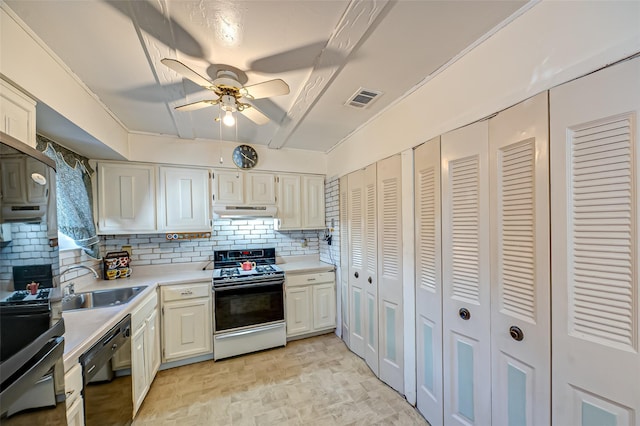 kitchen with range with gas stovetop, visible vents, a sink, dishwasher, and under cabinet range hood