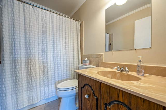 full bathroom featuring ornamental molding, vanity, toilet, and tile patterned floors