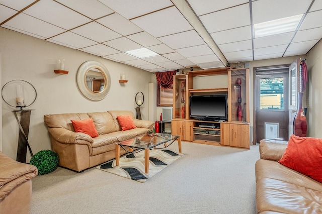 carpeted living area with a drop ceiling