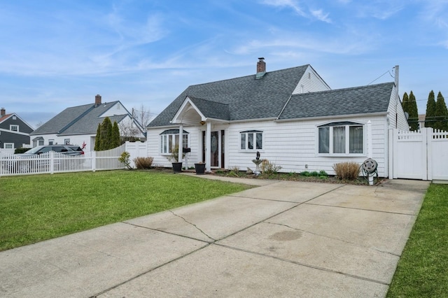 view of front of home with a gate, roof with shingles, fence, and a front lawn