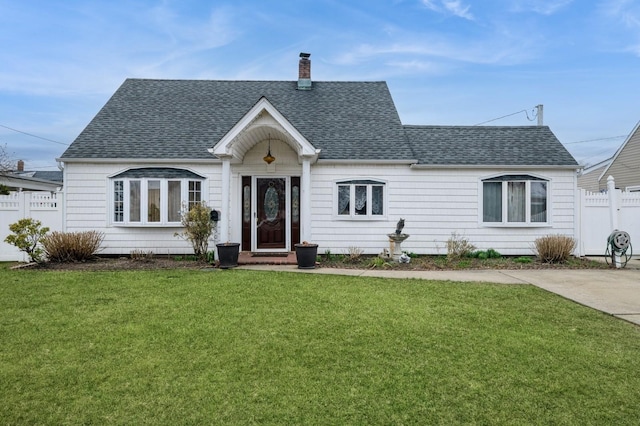 view of front facade with a shingled roof, a chimney, a front yard, and fence