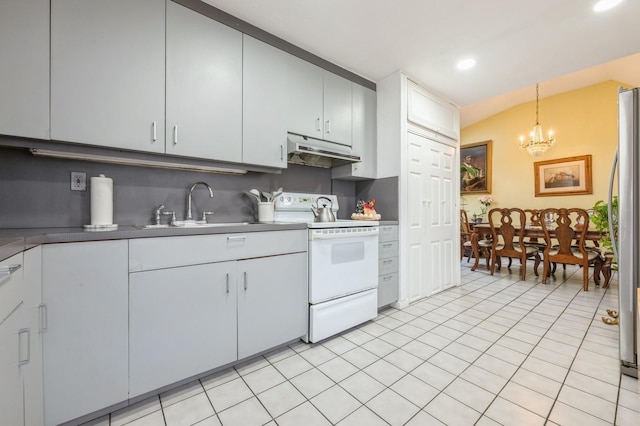 kitchen featuring decorative light fixtures, a notable chandelier, white range with electric cooktop, a sink, and under cabinet range hood