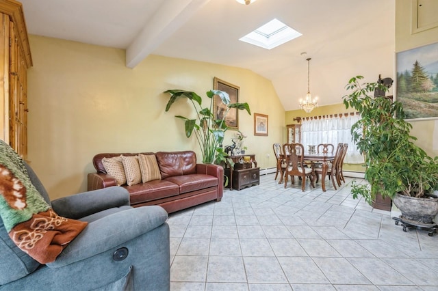 living room with light tile patterned floors, vaulted ceiling with skylight, baseboard heating, and a notable chandelier