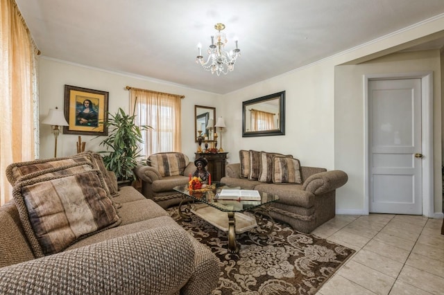 living area with a notable chandelier, baseboards, tile patterned floors, and crown molding