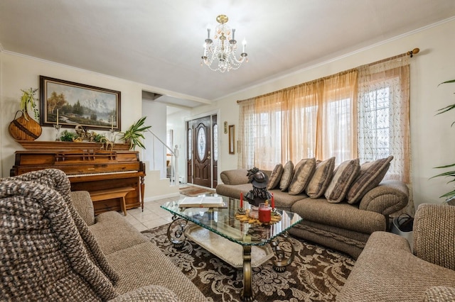 living area with light tile patterned floors, stairs, a chandelier, and ornamental molding